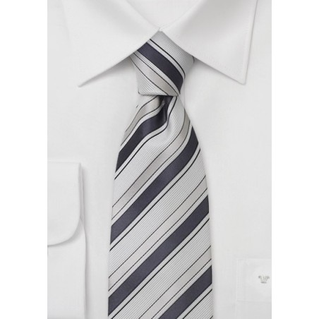 Handmade striped necktie - Tie with white, silver, and charcoal gray stripes