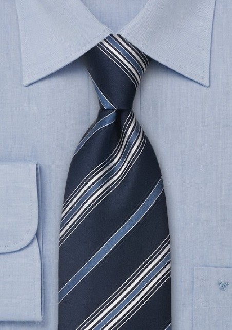 Blue Striped Silk Tie by Cavallieri in XL Size