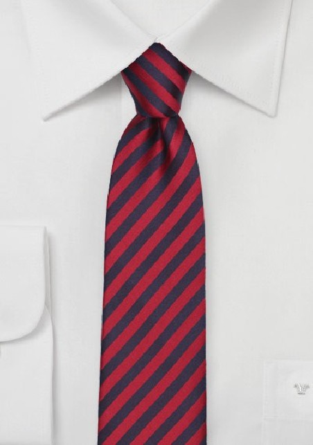 Skinny Silk Tie with Navy and Cherry Stripes