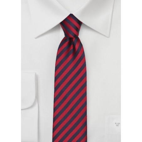 Skinny Silk Tie with Navy and Cherry Stripes