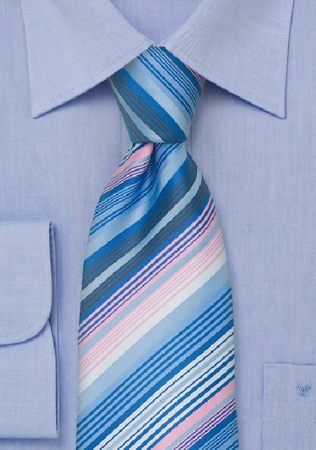 Modern Striped Necktie in Sky Blue, Navy, White, and Pink