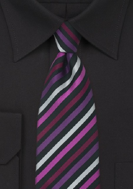 Striped Silk Tie in Black, Fuchsia, Purple, and Silver