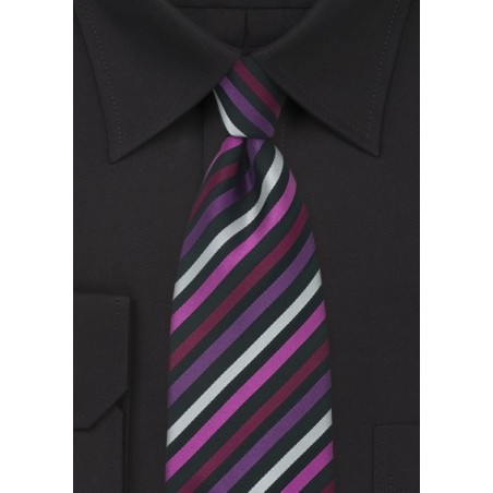 Striped Silk Tie in Black, Fuchsia, Purple, and Silver
