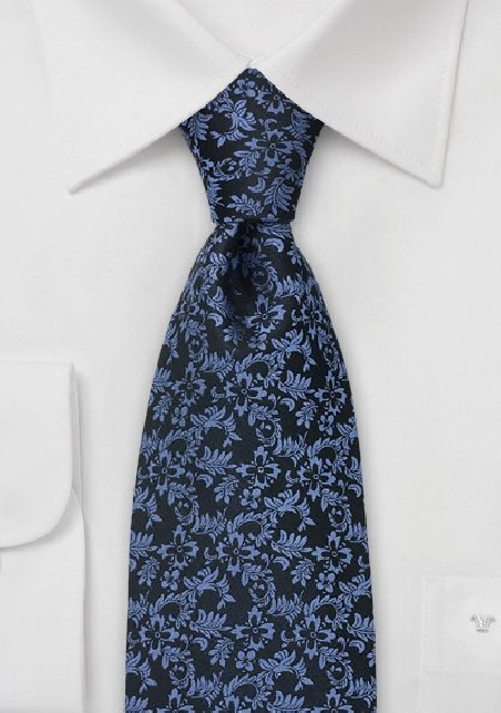 Black Tie with Persian Blue Floral Design