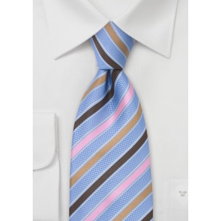 Light Blue, Pink, and Brown Striped Designer Tie