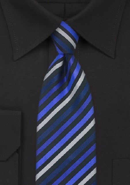 Elegant Striped Tie in Blue, Black, and Silver