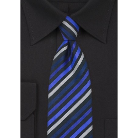 Elegant Striped Tie in Blue, Black, and Silver
