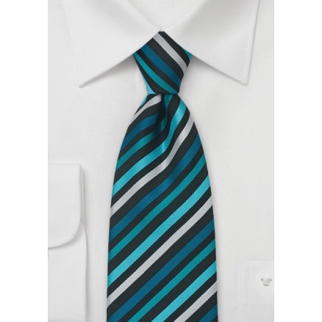 Striped Necktie in Turquoise, Black, and Silver