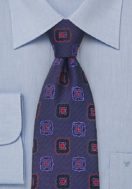 Blue Silk Tie with Red Flower Pattern by Chavalier