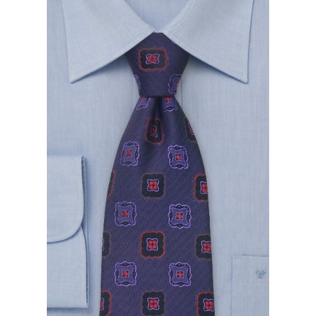 Blue Silk Tie with Red Flower Pattern by Chavalier