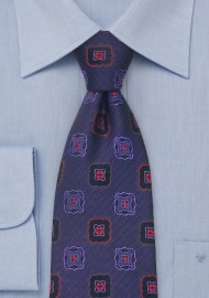 Blue Silk Tie with Red Flower Pattern by Chavalier