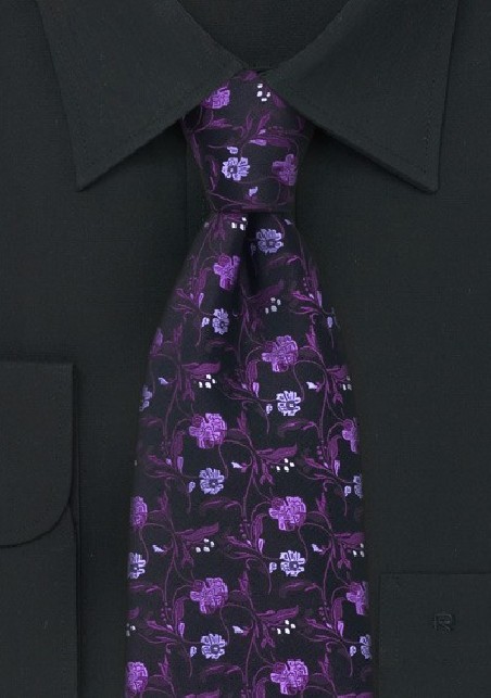 Black Tie with Violet Floral Pattern