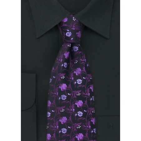 Black Tie with Violet Floral Pattern