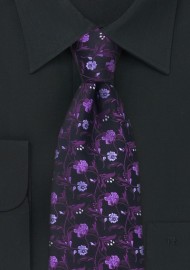 Black Tie with Violet Floral Pattern