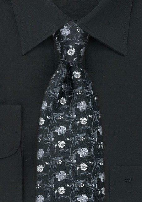Black Tie with Silver and Charcoal Flower Design