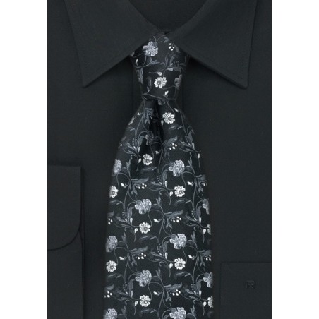 Black Tie with Silver and Charcoal Flower Design