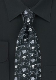 Black Tie with Silver and Charcoal Flower Design