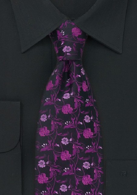 Pink and Black Floral Necktie