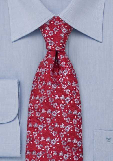 Floral Silk Tie in Red Light Blue