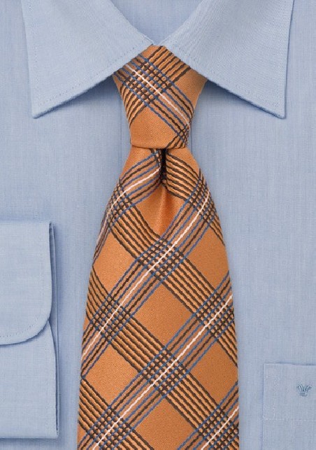 Orange Plaid Pattern Silk Tie
