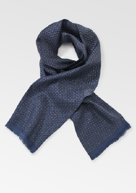Navy Blue Patterned Silk Scarf