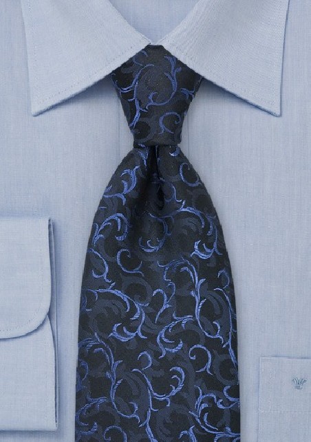 Dark Blue Scroll Patterned Silk Tie