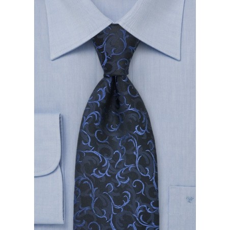 Dark Blue Scroll Patterned Silk Tie