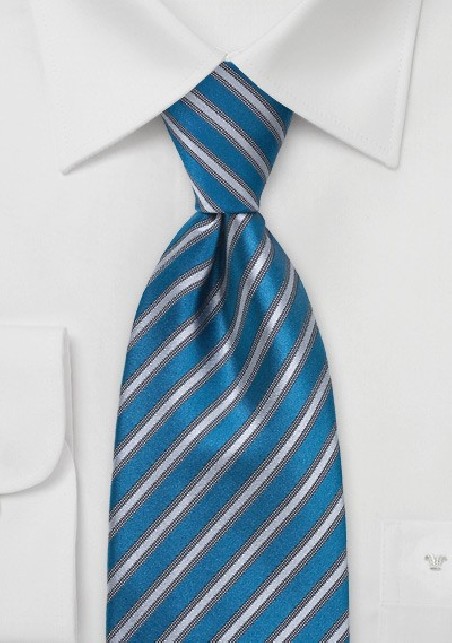 Striped Tie in Silver and Teal