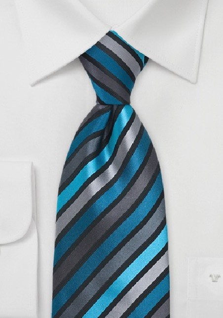 Teal, Aqua, and Gray Striped Tie in XL