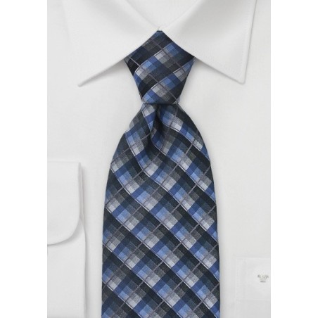 Modern Plaid Tie in Blue and Grey