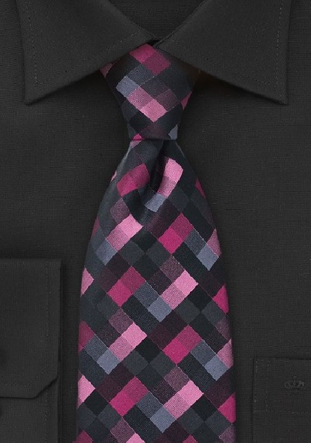 Patchwork Patterned Tie in Pinks and Blacks