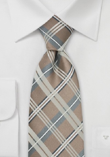 Champagne Check Pattern Tie in XL Length