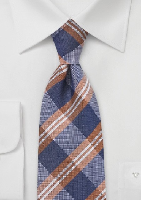 Modern Plaid Tie in Blue and Copper