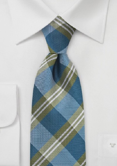 Modern Plaid Tie in Blues and Olives