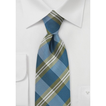 Modern Plaid Tie in Blues and Olives