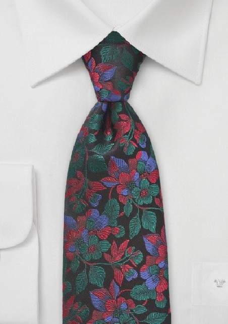 Embroidered Floral Tie in Red and Green