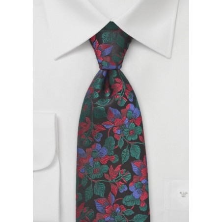 Embroidered Floral Tie in Red and Green