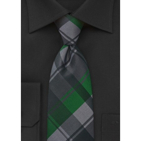 Modern Plaid Tie in Black and Spring Greens