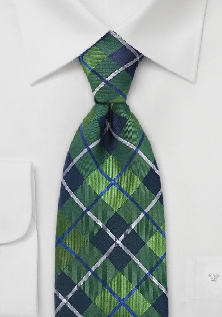 Modern Plaid Tie in Spring Green and Blue