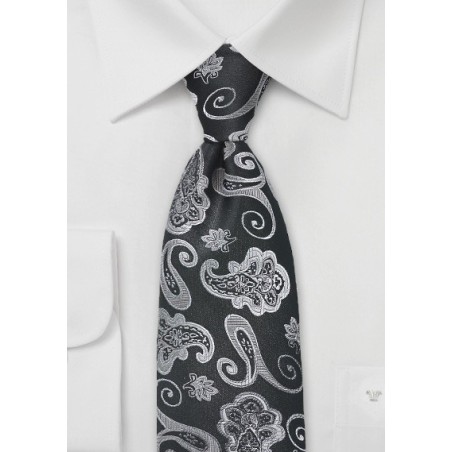 Paisley Motif Tie in Black and Silver