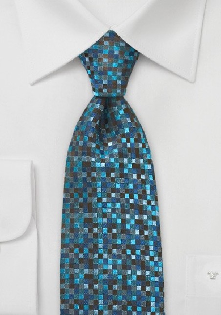 Patchwork Tie in Teals and Blacks