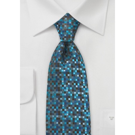 Patchwork Tie in Teals and Blacks