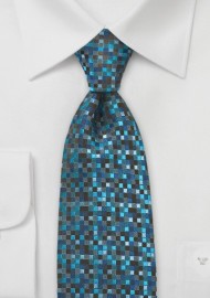 Patchwork Tie in Teals and Blacks