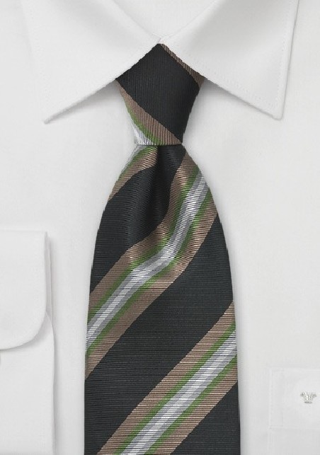Large Striped Tie in Black, Tan and Green