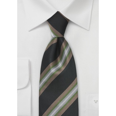 Large Striped Tie in Black, Tan and Green