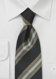 Large Striped Tie in Black, Tan and Green