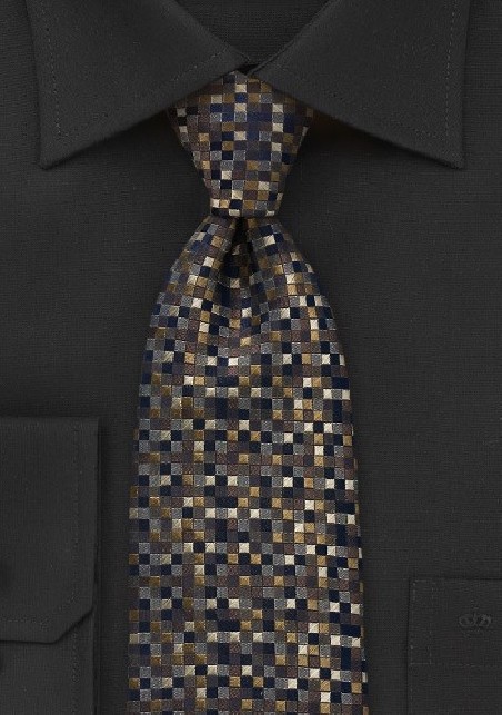 Square Patterned Tie in Navy and Gold