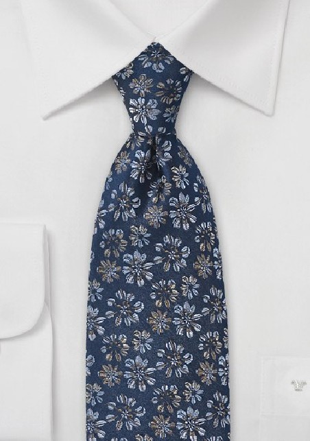 Navy Blue Tie with Embroidered Flowers