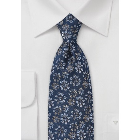 Navy Blue Tie with Embroidered Flowers