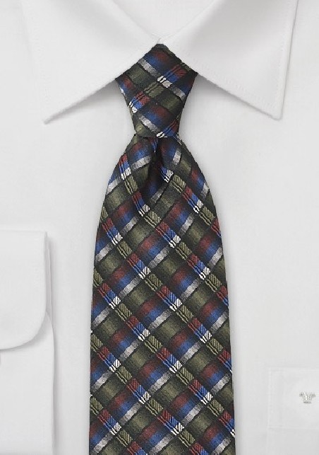 Contemporary Plaid Tie in Olive Green